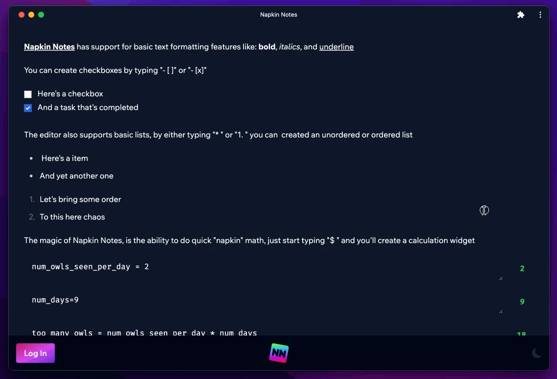 A screenshot of the Napkin Notes app showing a note with headings, lists, and math calculations.