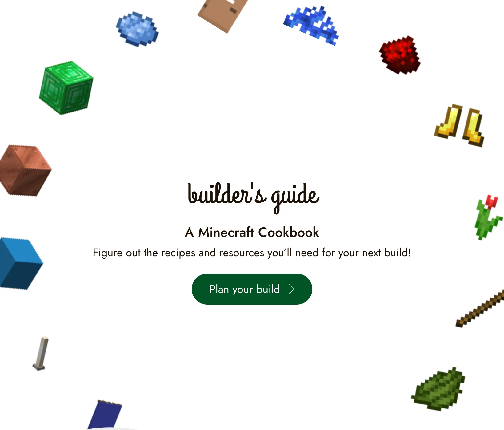 A screenshot of the Builder's Guide app, showing a Minecraft recipe and resources