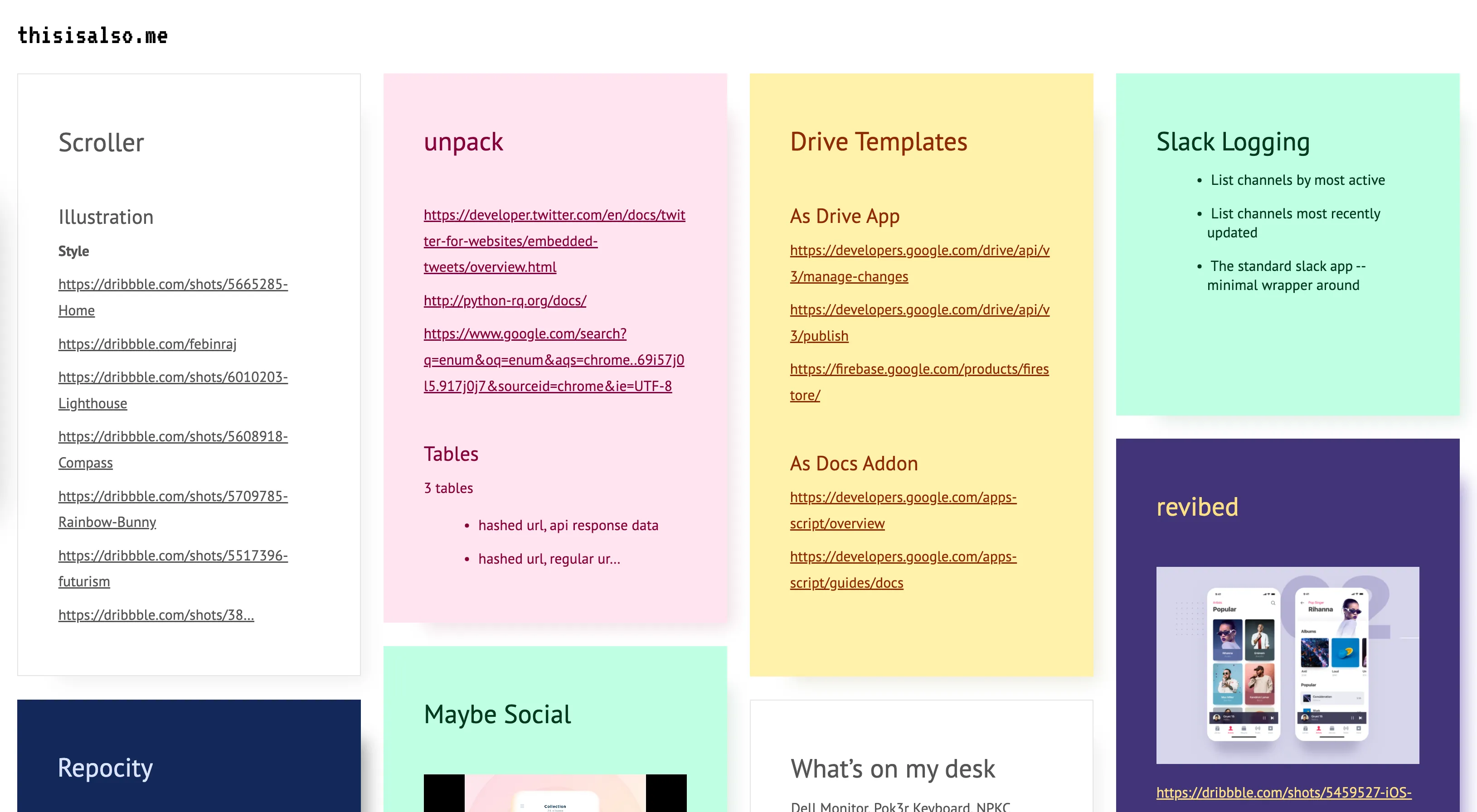 A screenshot of the thisisalso.me website, showing a collection of notes