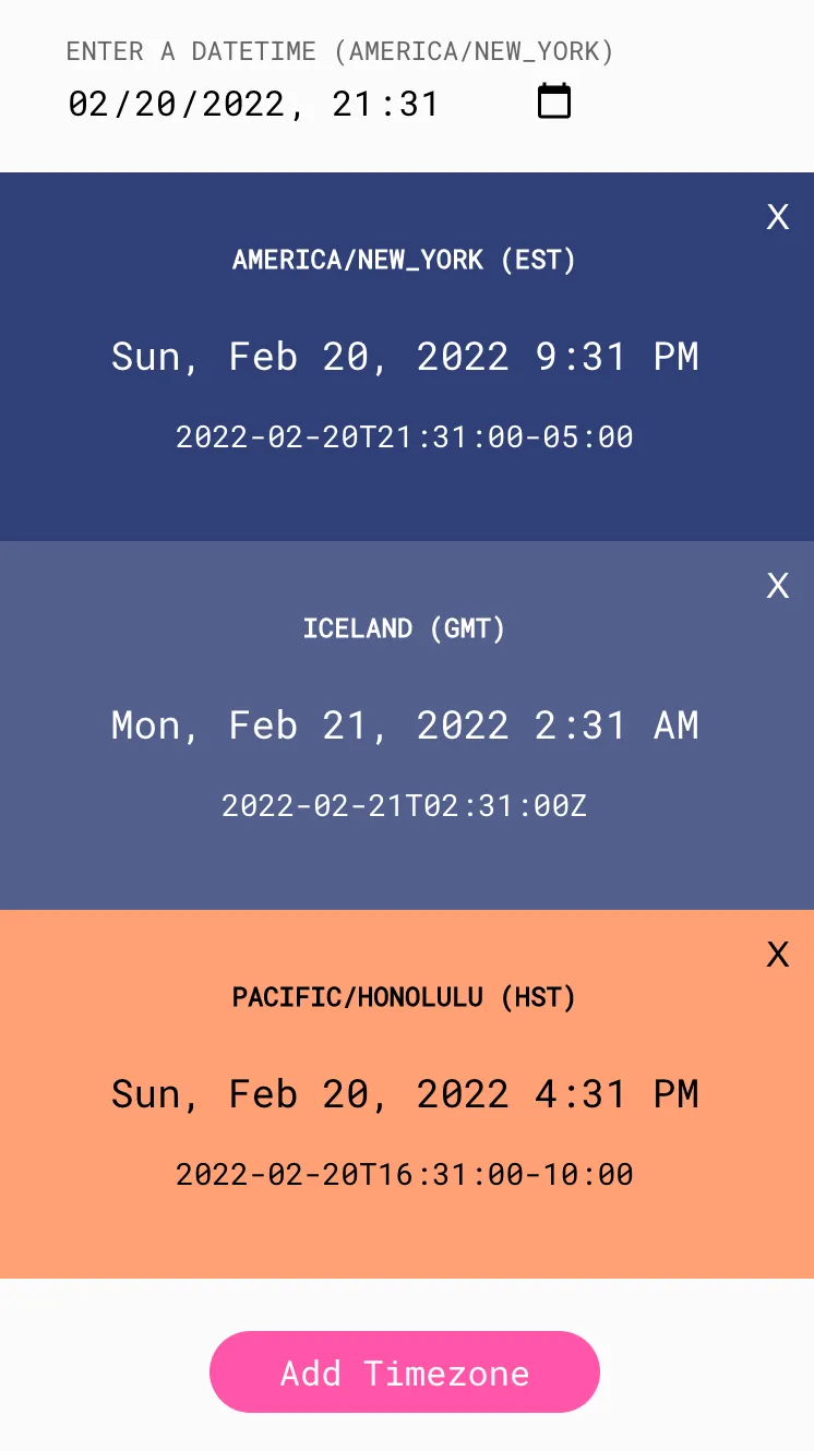 A screenshot of the Timezone website, showing a datetime conversion interface.