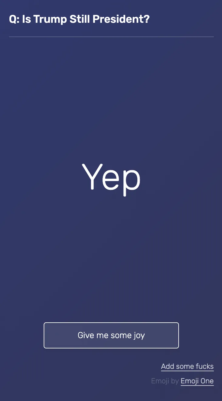 A screenshot of the Is Trump Still Fucking President? website, showing a large "NO" with confetti and a party hat.
