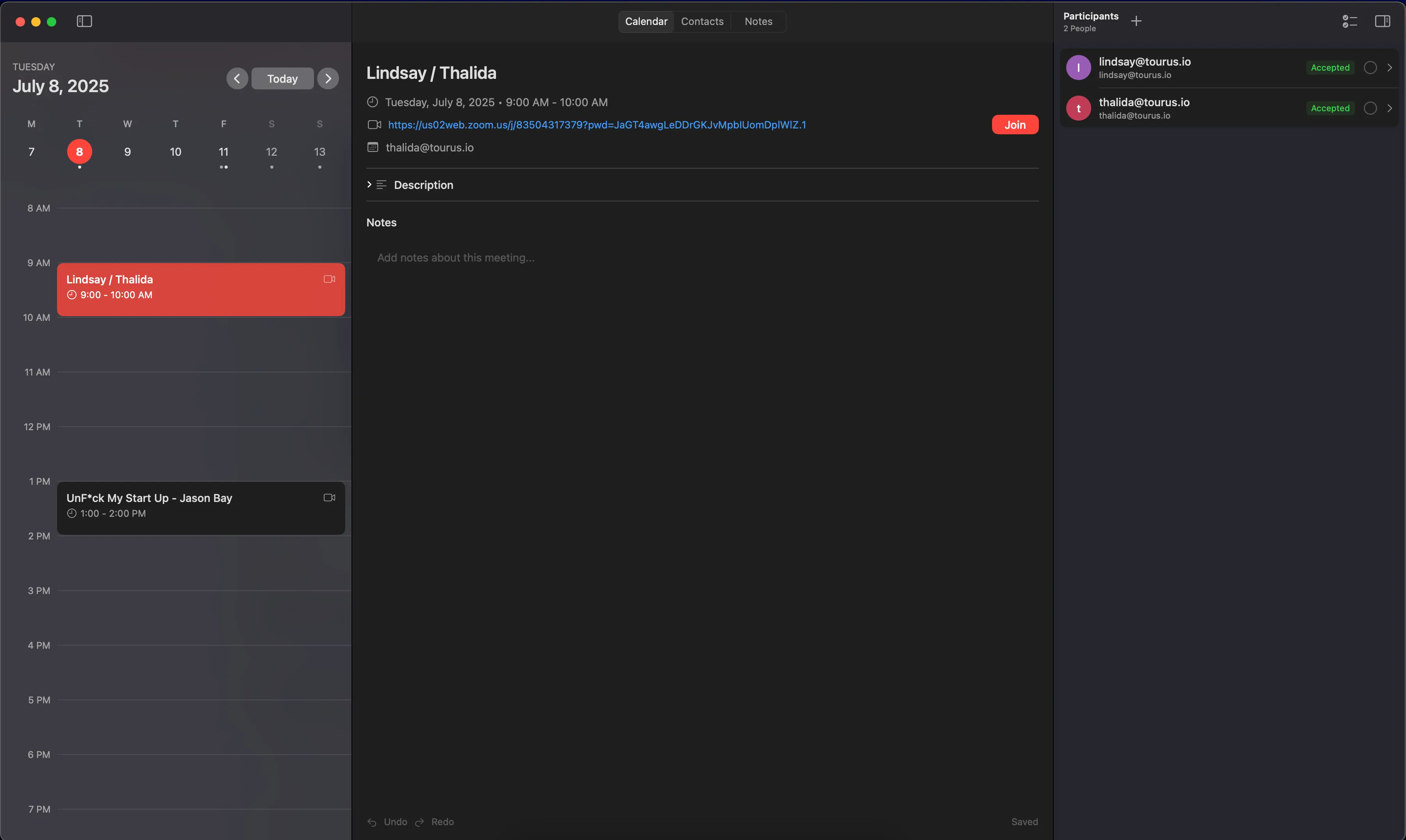 A screenshot of the Mynn app showing the calendar and note-taking interface.