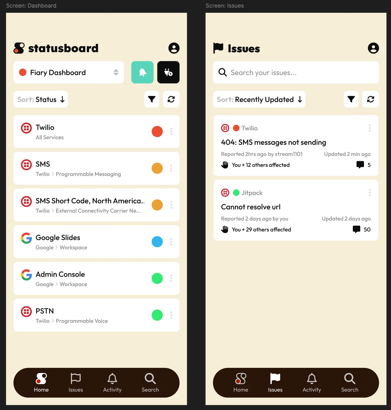 A screenshot of the Statusboard interface showing service status and metrics.