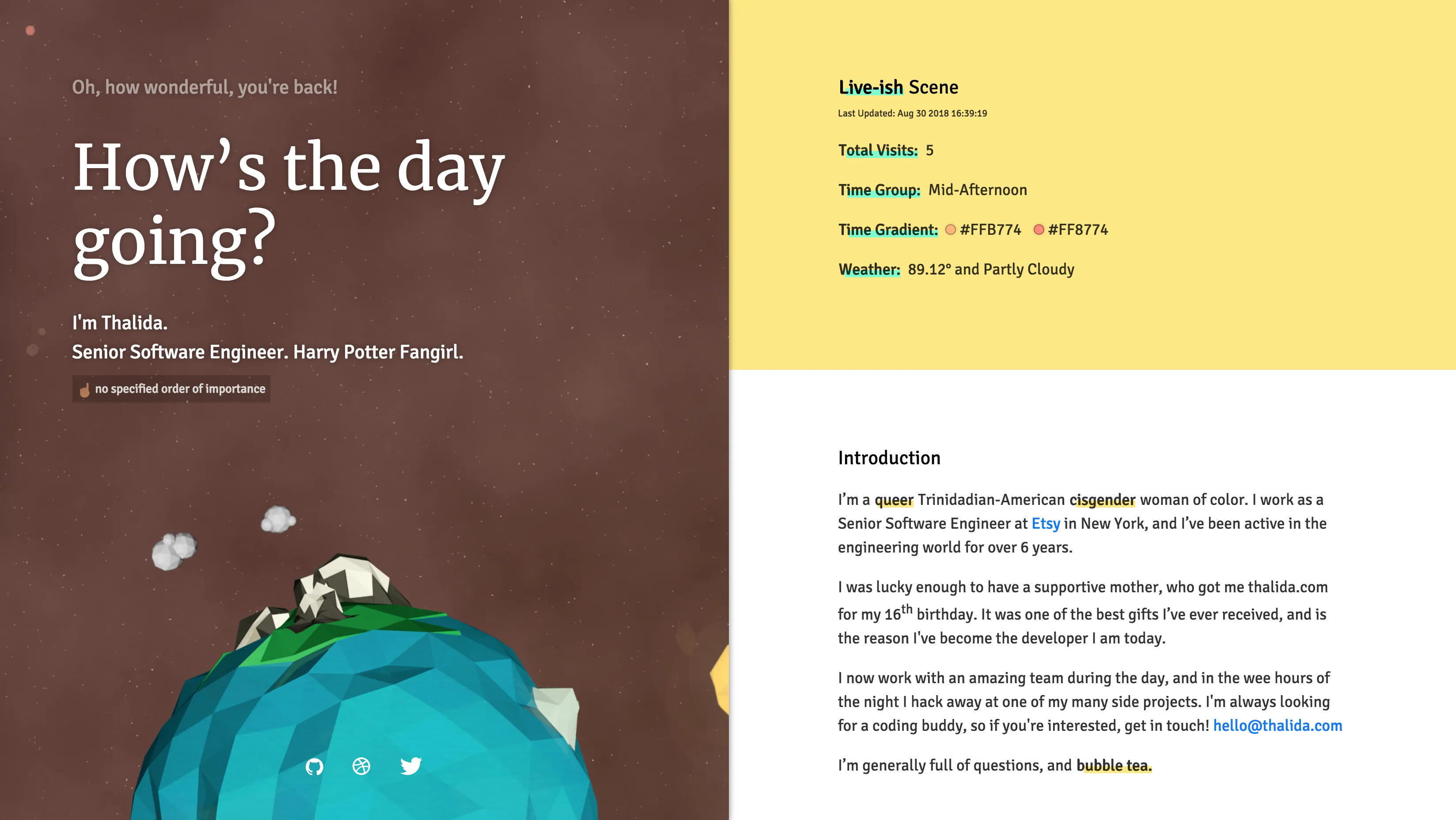 A screenshot of the lowpoly space scene, showing a split-screen with the sun, moon, and earth, with animated weather effects.