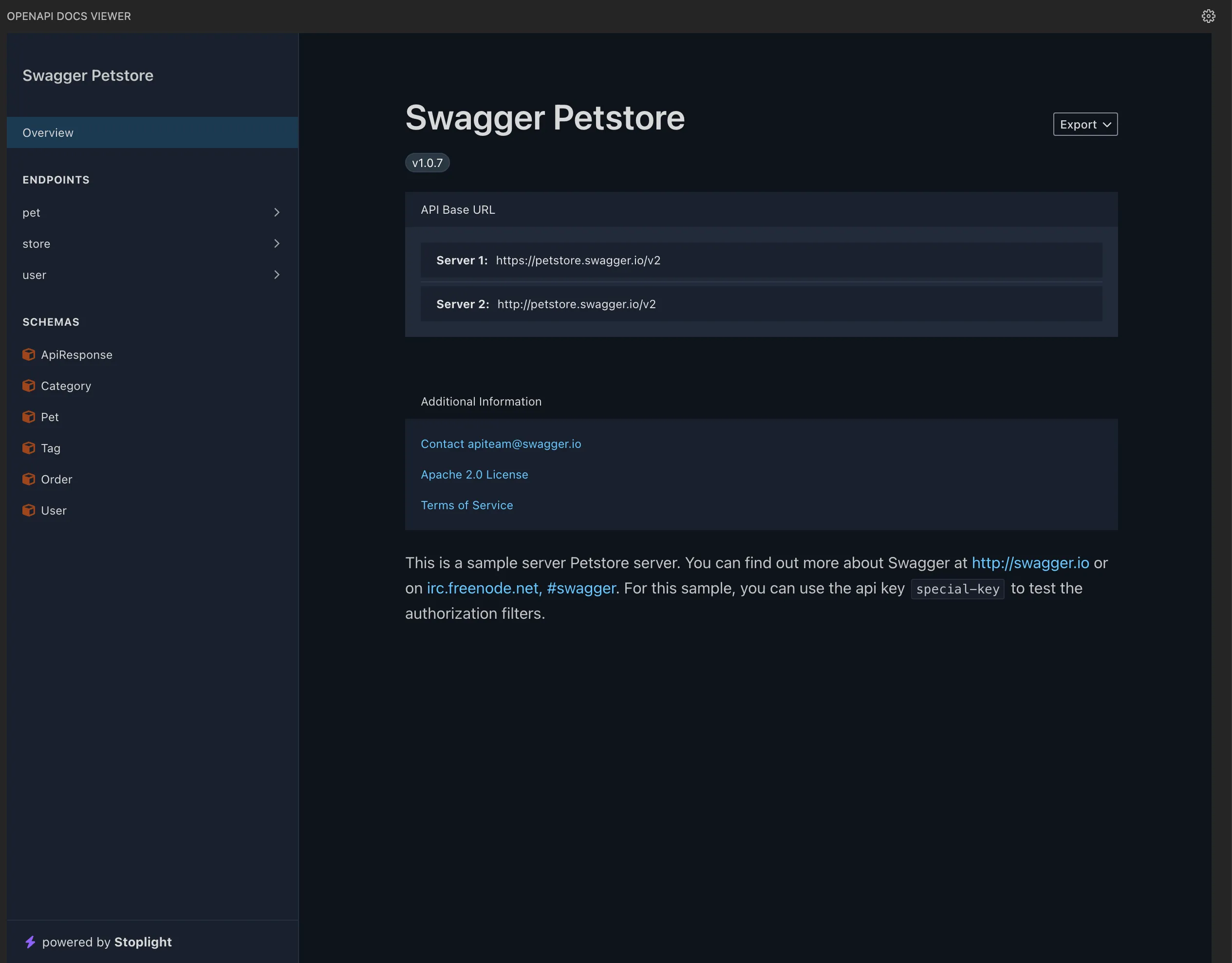 Screenshot of OpenAPI Docs Viewer in VSCode with Elements renderer in dark theme.